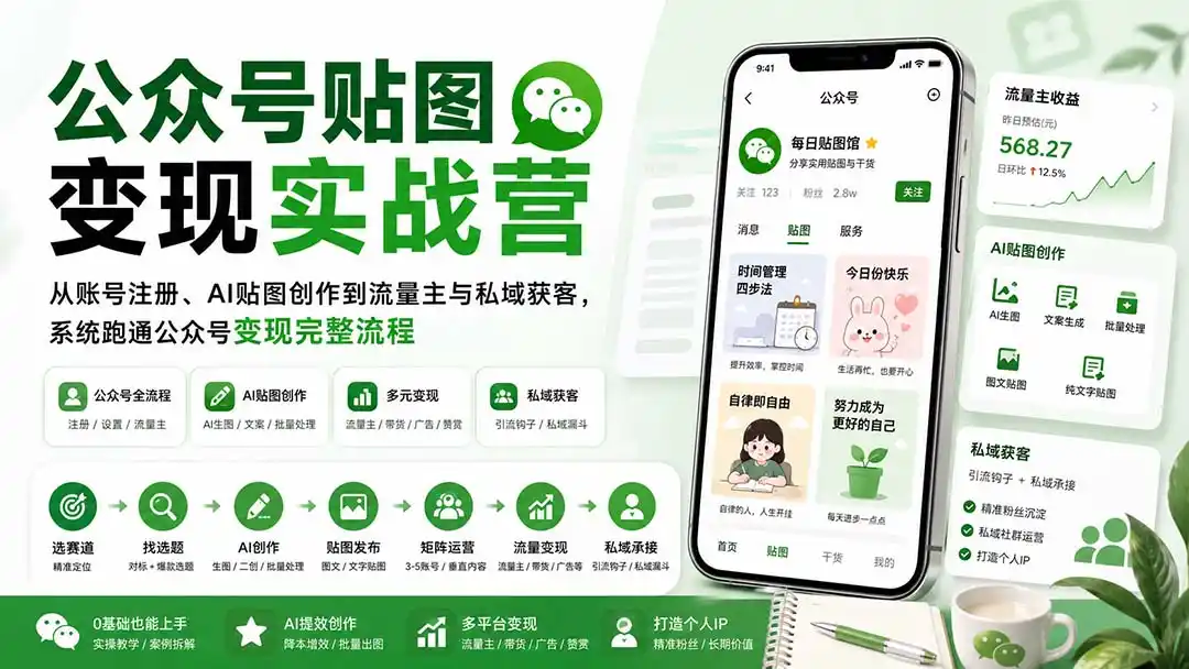 公众号贴图变现实战营：从账号注册、AI贴图创作到流量主与私域获客，系统跑通公众号变现完整流程-小创项目网