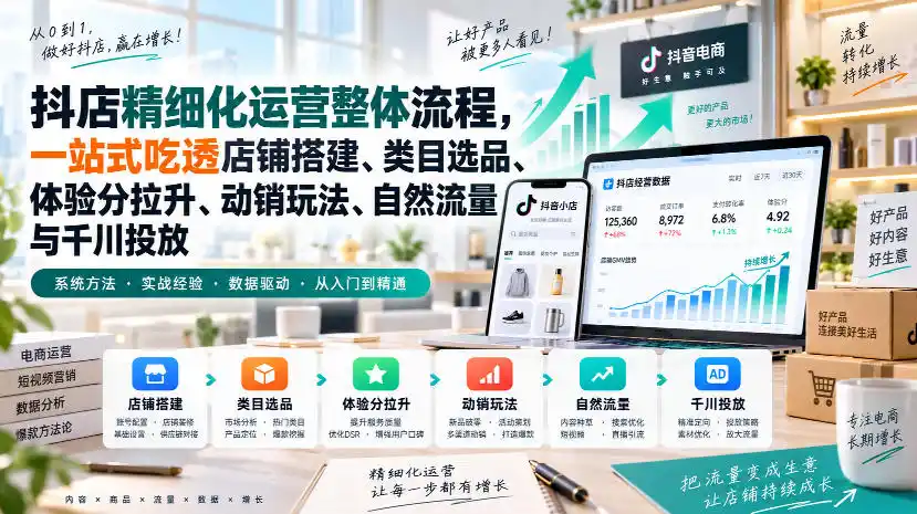 李哥电商-抖店精细化运营整体流程，一站式吃透店铺搭建、类目选品、体验分拉升、动销玩法、自然流量与千川投放-小创项目网