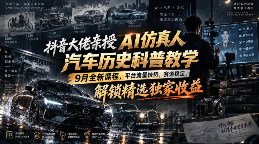 抖音大佬亲授AI仿真人汽车历史科普教学，9月全新课程，平台流量扶持，赛道稳定，解锁精选独家收益-小创项目网
