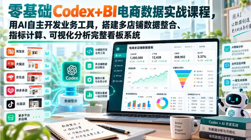 零基础Codex+BI电商数据实战课程，用AI自主开发业务工具，搭建多店铺数据整合、指标计算、可视化分析完整看板系统-小创项目网