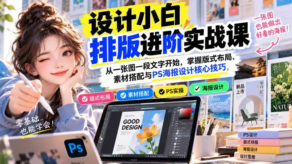 设计小白排版进阶实战课：从一张图一段文字开始，掌握版式布局、素材搭配与PS海报设计核心技巧-小创项目网