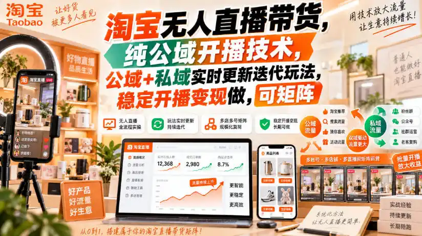 淘宝无人直播带货，纯公域开播技术，公域+私域实时更新迭代玩法，稳定开播变现做，可矩阵【揭秘】-小创项目网