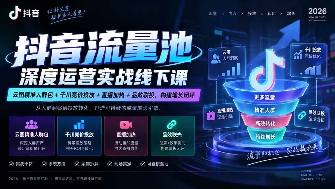 抖音流量池深度运营实战线下课｜云图精准人群包+千川竞价投放+直播加热+品效联投，构建增长闭环-小创项目网