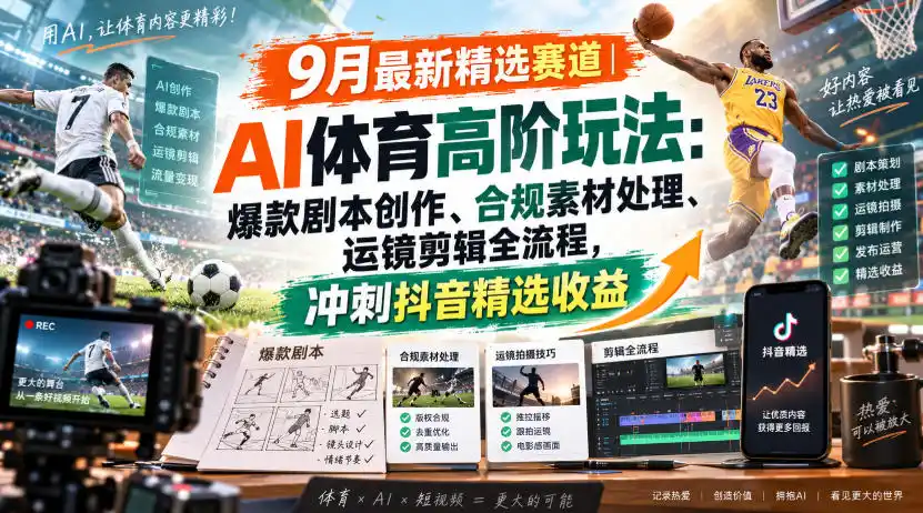 某大佬的9月最新精选赛道之AI体育顶级玩法，爆款剧本创作、版权规避、运镜剪辑全流程，稳拿抖音精选收益-小创项目网