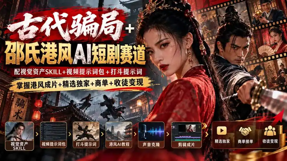 古代骗局+邵氏港风AI短剧赛道：配视觉资产SKILL+视频提示词包+打斗提示词，掌握港风成片+精选独家+商单+收徒变现-小创项目网