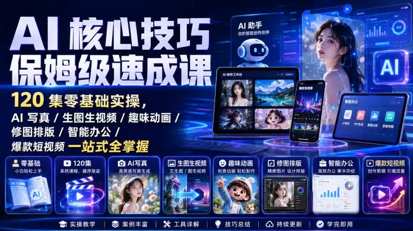 AI核心技巧保姆级速成课｜120集零基础实操，AI写真/生图生视频/趣味动画/修图排版/智能办公/爆款短视频一站式全掌握-小创项目网