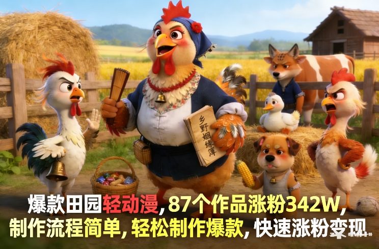 爆款田园轻动漫，87个作品涨粉342W，制作流程简单，轻松制作爆款，快速涨粉变现-小创项目网
