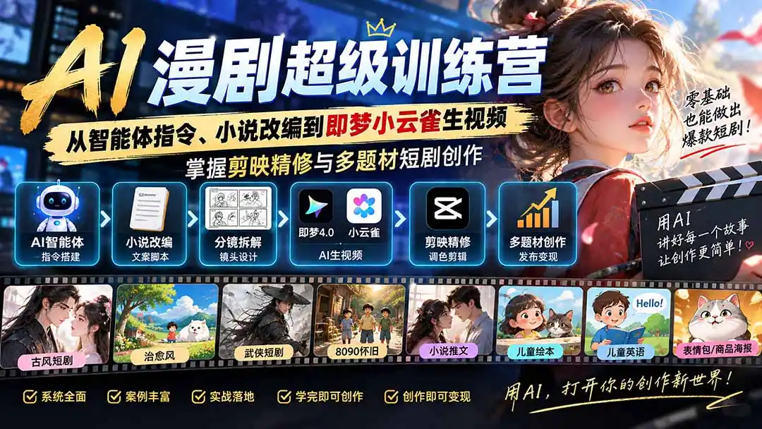 AI漫剧超级特训营：从智能体指令、小说改编到即梦小云雀生视频，掌握剪映精修与多题材短剧创作-小创项目网