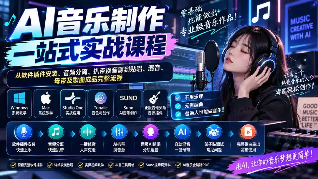 AI音乐制作一站式实战课程：从软件插件安装、音频分离、扒带换音源到贴唱、混音、母带及歌曲成品完整流程-小创项目网