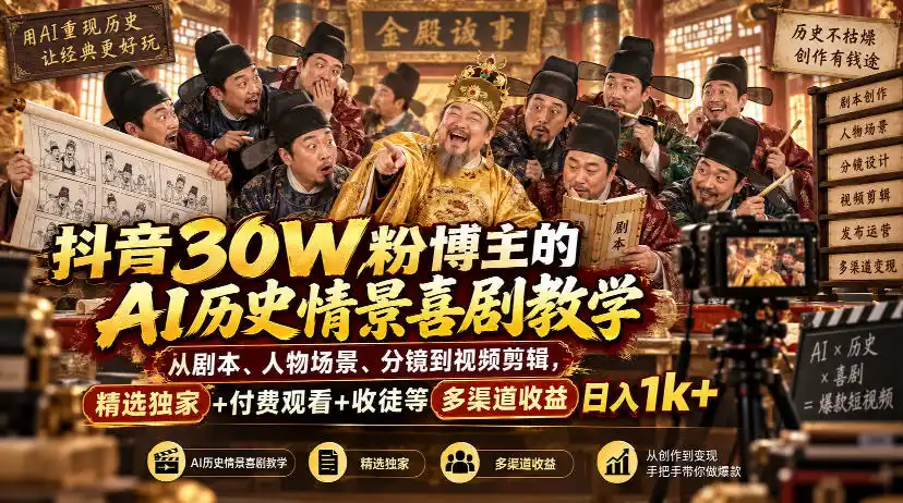 抖音30W粉博主的AI历史情景喜剧教学，从剧本、人物场景、分镜到视频剪辑，精选独家+付费观看+收徒等多渠道收益日入1k+-小创项目网