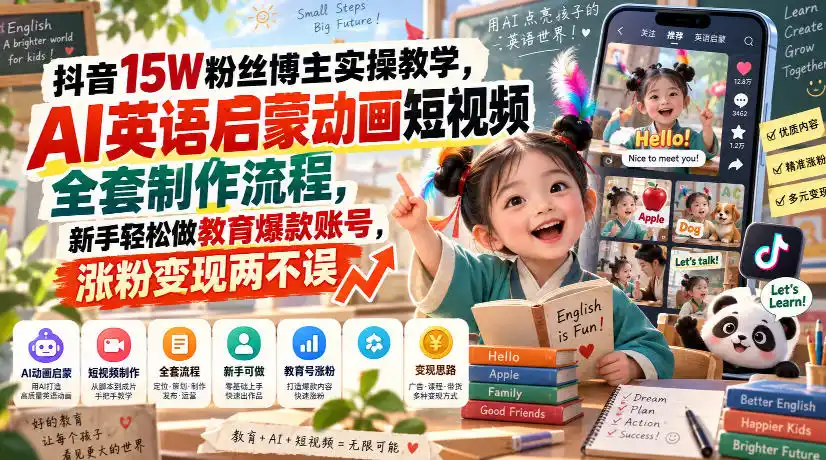 抖音15W粉丝博主实操教学，AI英语启蒙动画短视频全套制作流程，新手轻松做教育爆款账号，涨粉变现两不误-小创项目网