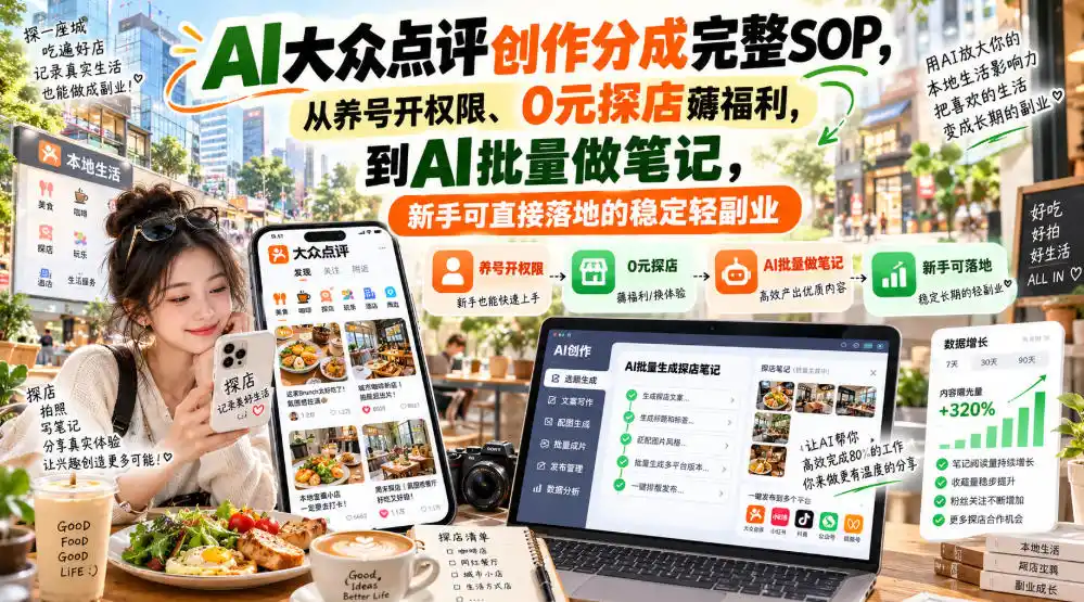 【无水印】AI大众点评创作分成完整SOP，从养号开权限、0元探店薅福利，到AI批量做笔记，新手可直接落地的稳定轻副业-小创项目网