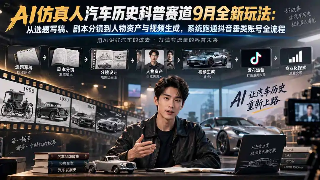 AI仿真人汽车历史科普赛道9月全新玩法：从选题写稿、剧本分镜到人物资产与视频生成，系统跑通抖音垂类账号全流程-小创项目网
