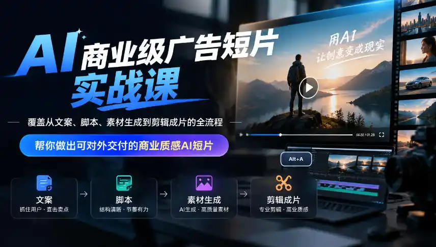 AI商业级广告短片实战课，覆盖从文案、脚本、素材生成到剪辑成片的全流程，帮你做出可对外交付的商业质感AI短片-小创项目网
