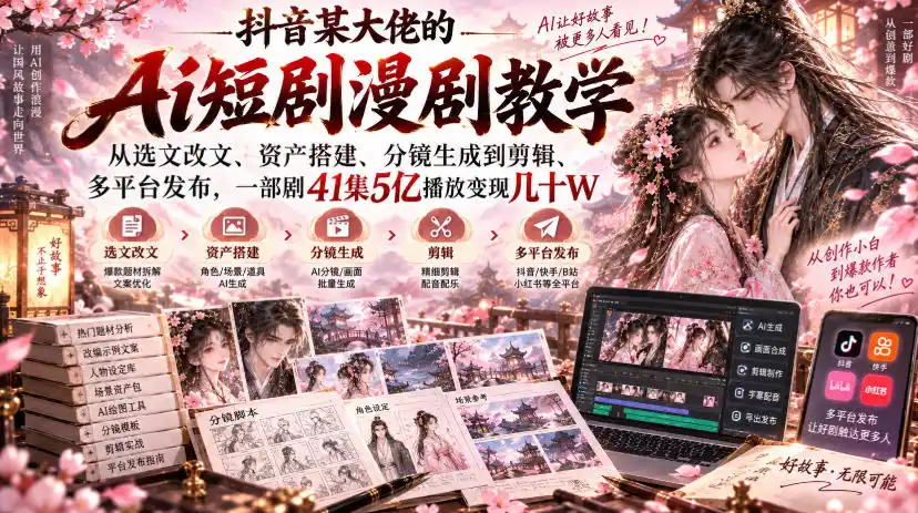 抖音某大佬的Ai短剧漫剧教学，从选文改文、资产搭建、分镜生成到剪辑、多平台发布，一部剧41集5亿播放变现几十W-小创项目网