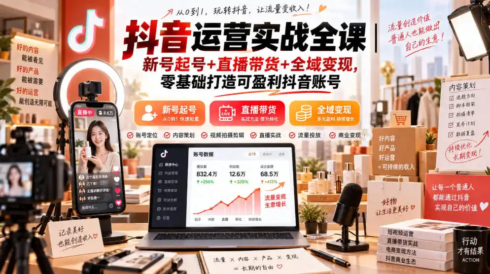 抖音运营实战全课｜新号起号+直播带货+全域变现，零基础打造可盈利抖音账号-小创项目网