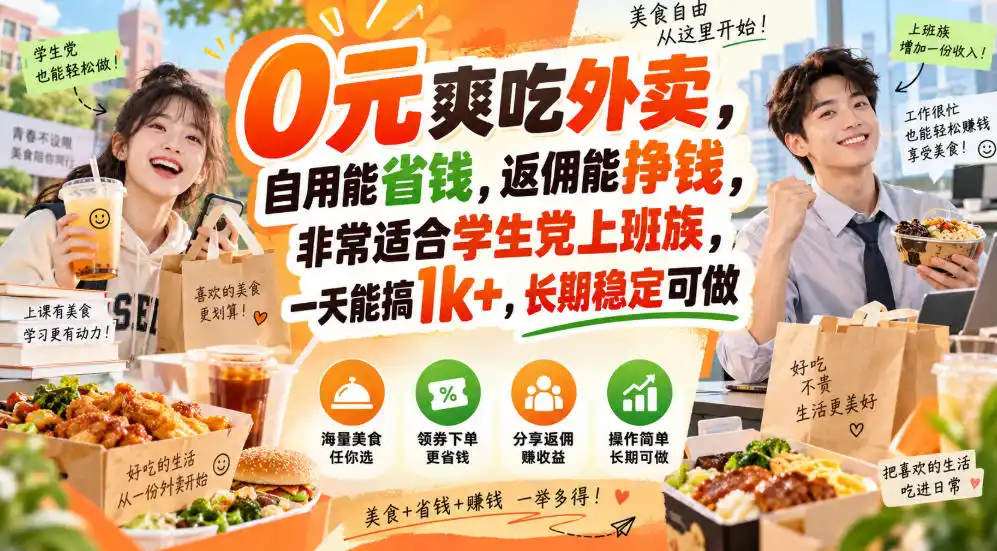 0元爽吃外卖，自用能省钱，返佣能挣钱，非常适合学生党上班族，一天能搞1k+，长期稳定可做-小创项目网