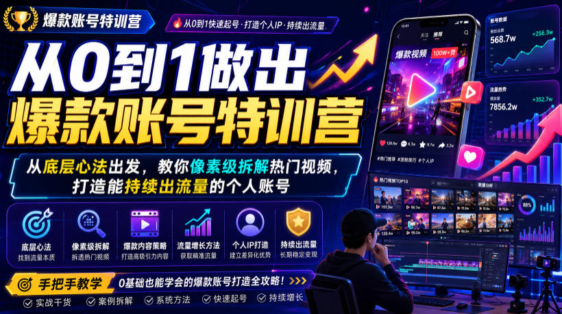 从0到1做出爆款账号特训营，从底层心法出发，教你像素级拆解热门视频，打造能持续出流量的个人账号-小创项目网