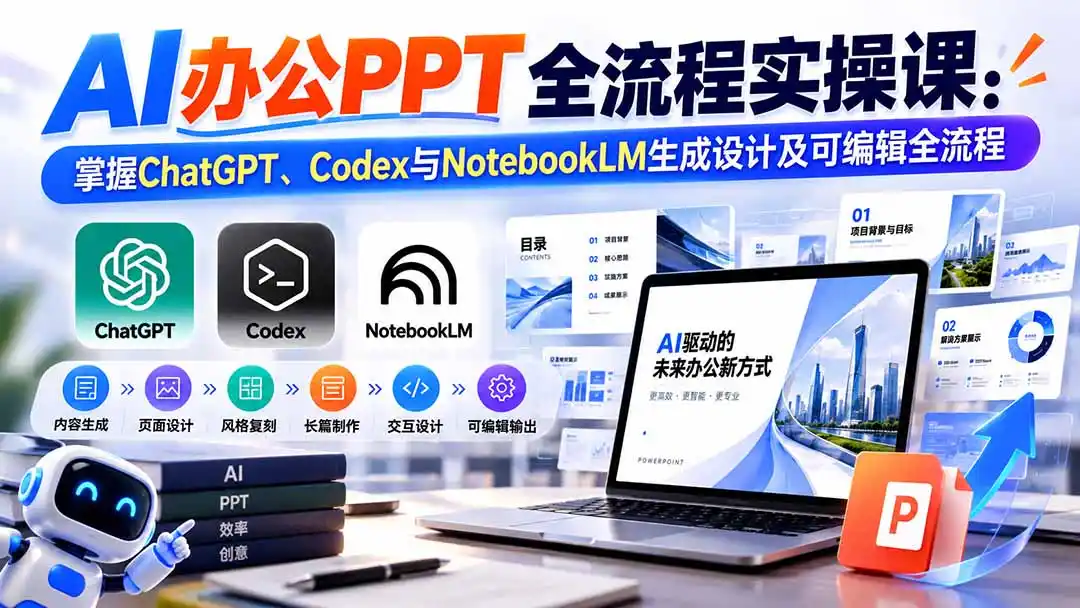 【无水印】AI办公PPT全流程实操课： 掌握ChatGPT、Codex与NotebookLM生成设计及可编辑全流程-小创项目网