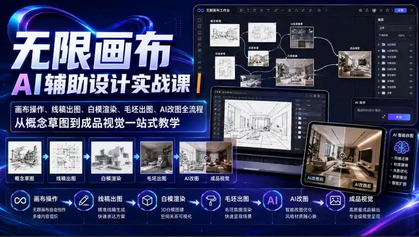 无限画布AI辅助设计实战课｜画布操作、线稿出图、白模渲染、毛坯出图、AI改图全流程，从概念草图到成品视觉一站式教学(更新0923)-小创项目网
