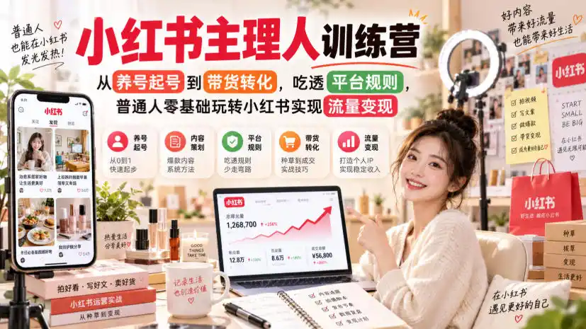 小红书主理人训练营，从养号起号到带货转化，吃透平台规则，普通人零基础玩转小红书实现流量变现-小创项目网