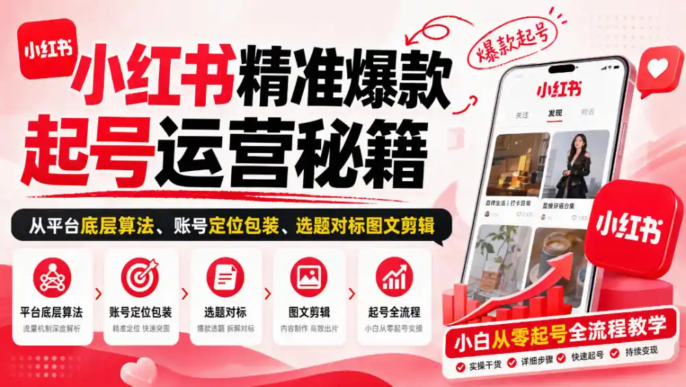 小红书精准爆款起号运营秘籍，从平台底层算法、账号定位包装、选题对标图文剪辑，小白从零起号全流程-小创项目网