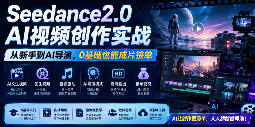 Seedance2.0 AI视频创作实战，从新手到AI导演，0基础也能成片接单变现-小创项目网