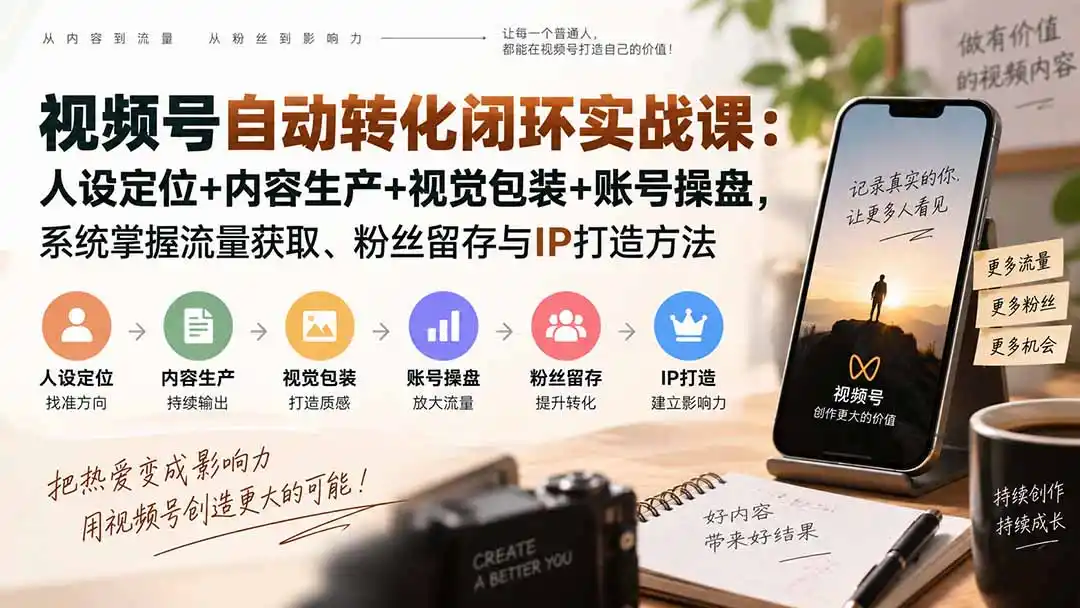视频号自动转化闭环实战课：人设定位+内容生产+视觉包装+账号操盘，系统掌握流量获取、粉丝留存与IP打造方法-小创项目网
