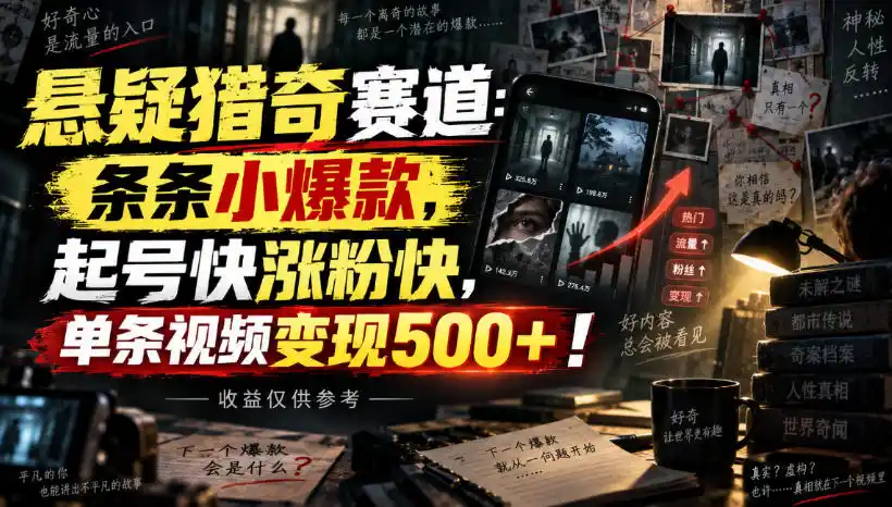悬疑猎奇赛道：条条小爆款，起号快涨粉快，单条视频变现500+！收益仅供参考-小创项目网