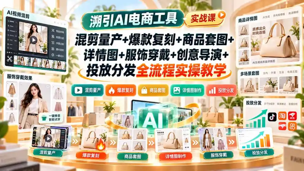 溯引AI电商工具实战课：混剪量产+爆款复刻+商品套图+详情图+服饰穿戴+创意导演+投放分发全流程实操教学-小创项目网