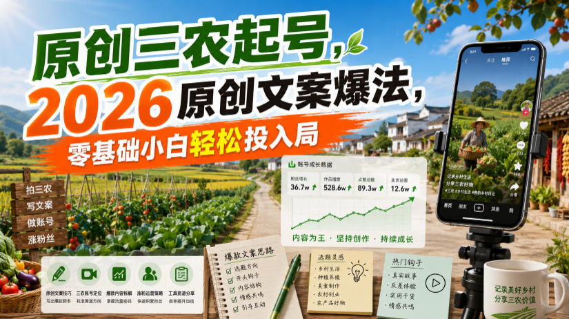 原创三农起号，2026原创文案爆法，零基础小白轻松投入局-小创项目网