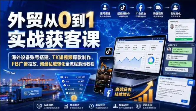 外贸从0到1实战获客课｜海外设备账号搭建、TK短视频爆款制作、FB广告投放、询盘私域转化全流程落地教程-小创项目网