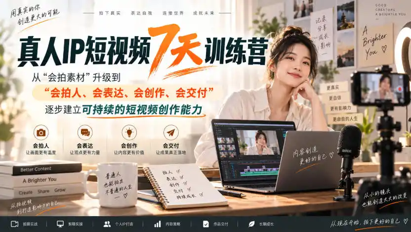 真人IP短视频7天训练营，从“会拍素材”升级到“会拍人、会表达、会创作、会交付”，逐步建立可持续的短视频创作能力-小创项目网