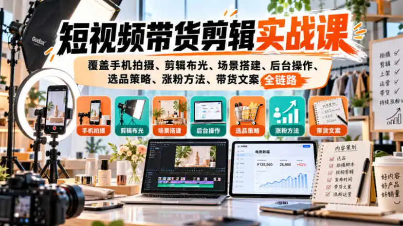 短视频带货剪辑实战课，覆盖手机拍摄、剪辑布光、场景搭建、后台操作、选品策略、涨粉方法、带货文案全链路-小创项目网