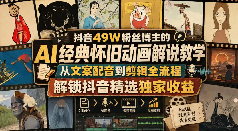 抖音49W粉丝博主的AI经典怀旧动画解说教学，从文案配音到剪辑全流程，解锁抖音精选独家收益-小创项目网