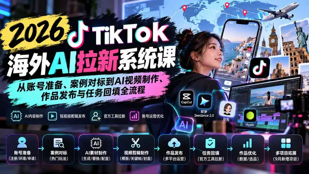 【无水印】2026 TikTok海外AI拉新系统课：从账号准备、案例对标到AI视频制作、作品发布与任务回填全流程-小创项目网