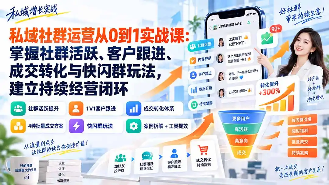 私域社群运营从0到1实战课：掌握社群活跃、客户跟进、成交转化与快闪群玩法，建立持续经营闭环-小创项目网
