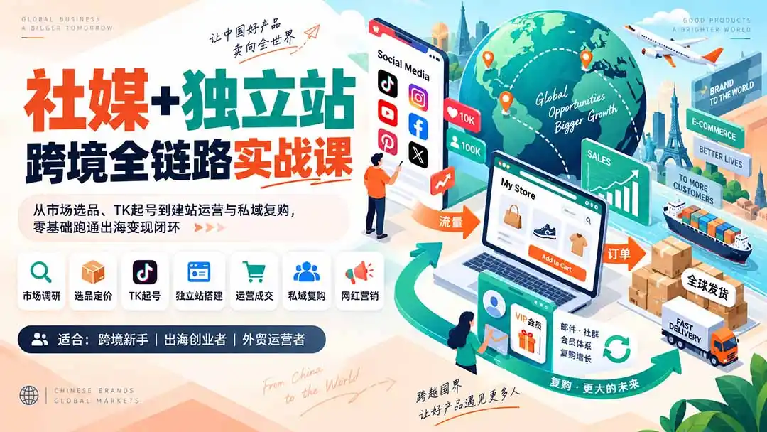 社媒+独立站跨境全链路实战课：从市场选品、TK起号到建站运营与私域复购，零基础跑通出海变现闭环-小创项目网
