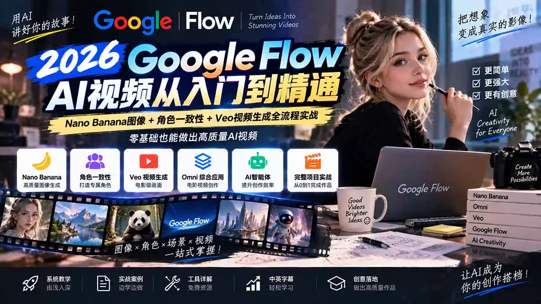 【无水印】Google Flow AI视频从入门到精通：Nano Banana图像+角色一致性+Veo视频生成全流程实战-精翻中英字幕-小创项目网