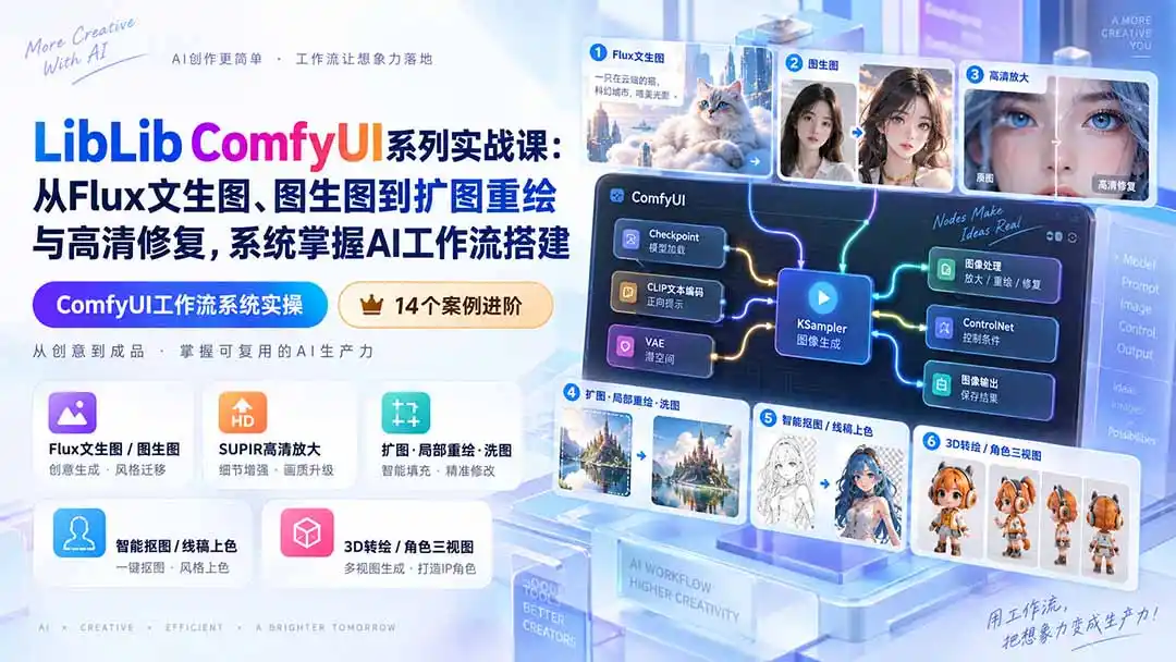 LibLib ComfyUI系列实战课：从Flux文生图、图生图到扩图重绘与高清修复，系统掌握AI工作流搭建-小创项目网