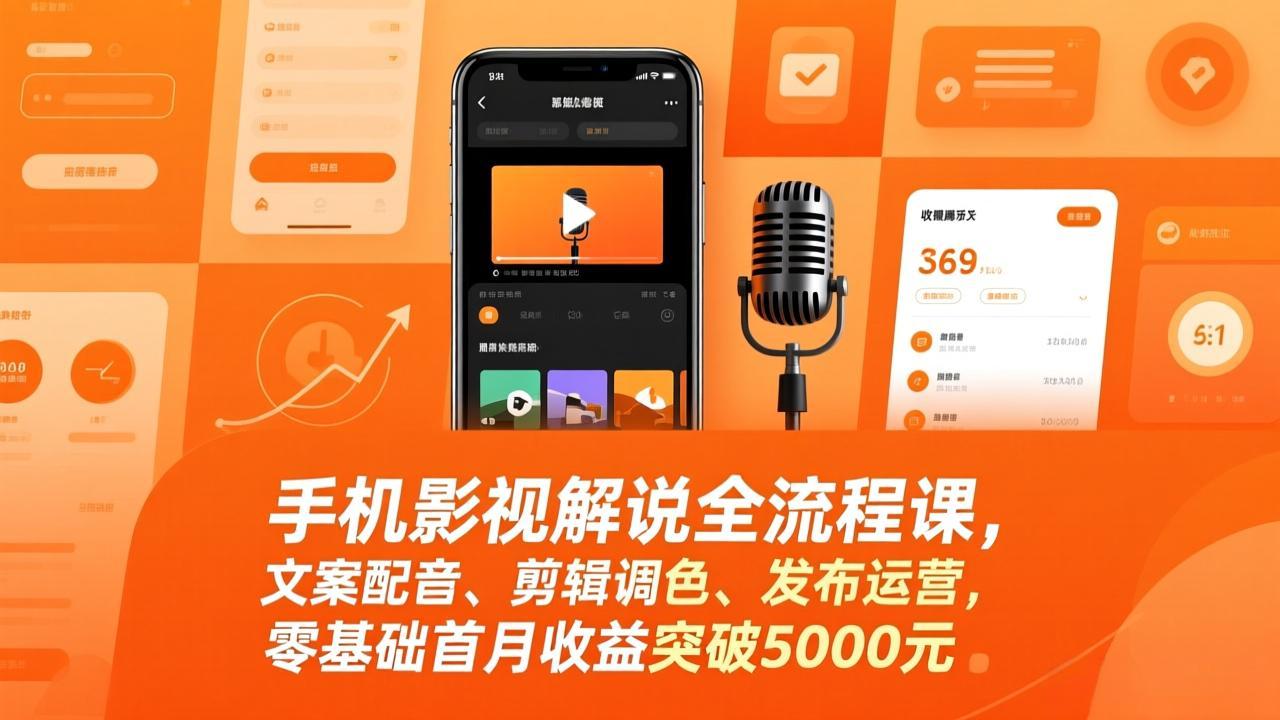 手机影视解说全流程课，文案配音、剪辑调色、发布运营，零基础首月收益突破5000元-小创项目网