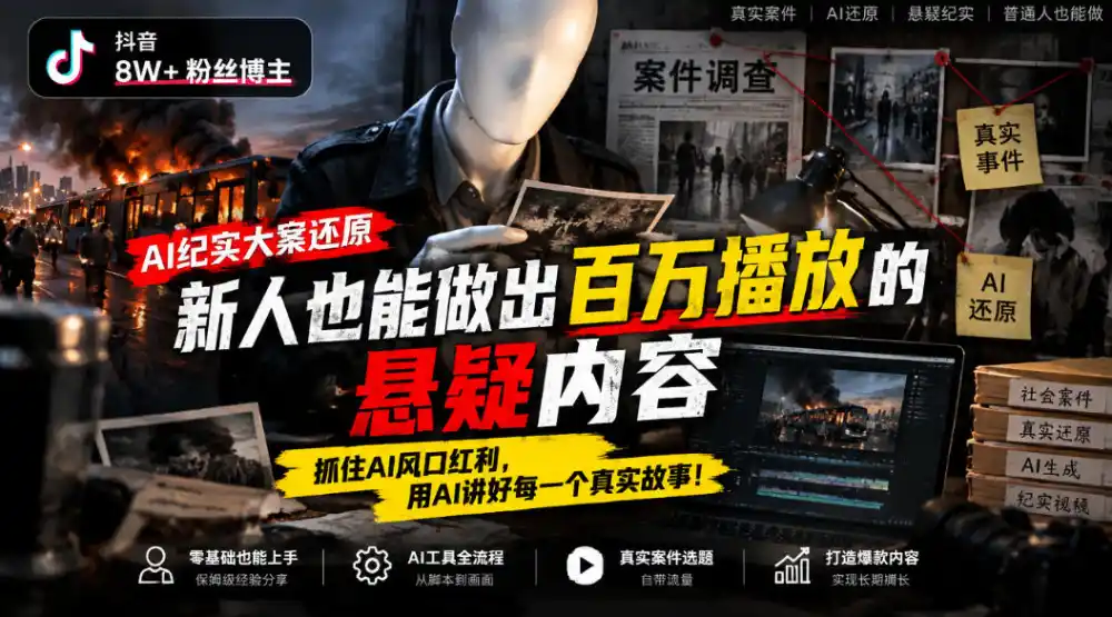 抖音8W粉丝博主的AI纪实大案还原教学，新人也能做出百W播放的悬疑内容，抓住AI风口红利，用AI讲好每一个真实故事(更新1014)-小创项目网