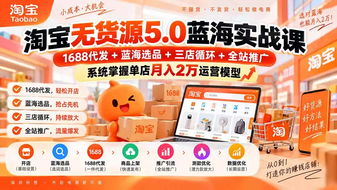 淘宝无货源5.0蓝海实战课-更新0927：1688代发+蓝海选品+三店循环+全站推广，系统掌握单店月入2万运营模型-小创项目网