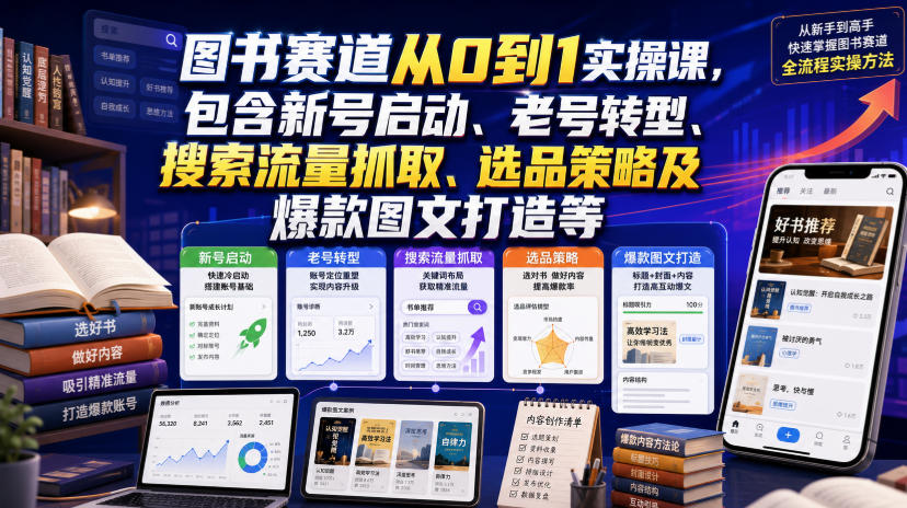 图书赛道从0到1实操课，包含新号启动、老号转型、搜索流量抓取、选品策略及爆款图文打造等-小创项目网
