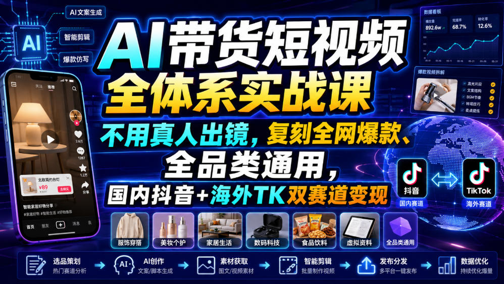 AI带货短视频全体系实战课，不用真人出镜，复刻全网爆款、全品类通用，国内抖音+海外TK双赛道变现-小创项目网